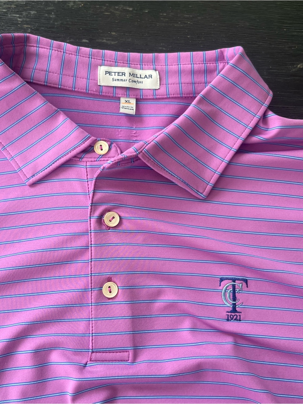 Peter Millar "Summer Comfort" Polo XL - Pink & Blue Stripe, Country Club Detail